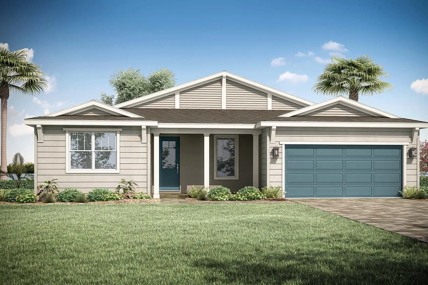 Front exterior of a new home in Tradition - Kenley, Port St. Lucie, FL, highlighting curb appeal (Image 1).
