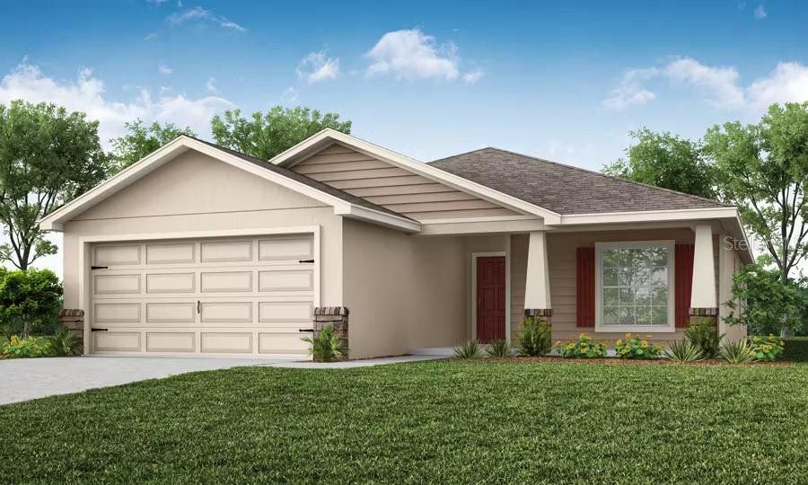 Front exterior of a new home in Geneva Landings, Davenport, FL, highlighting curb appeal (Image 1).