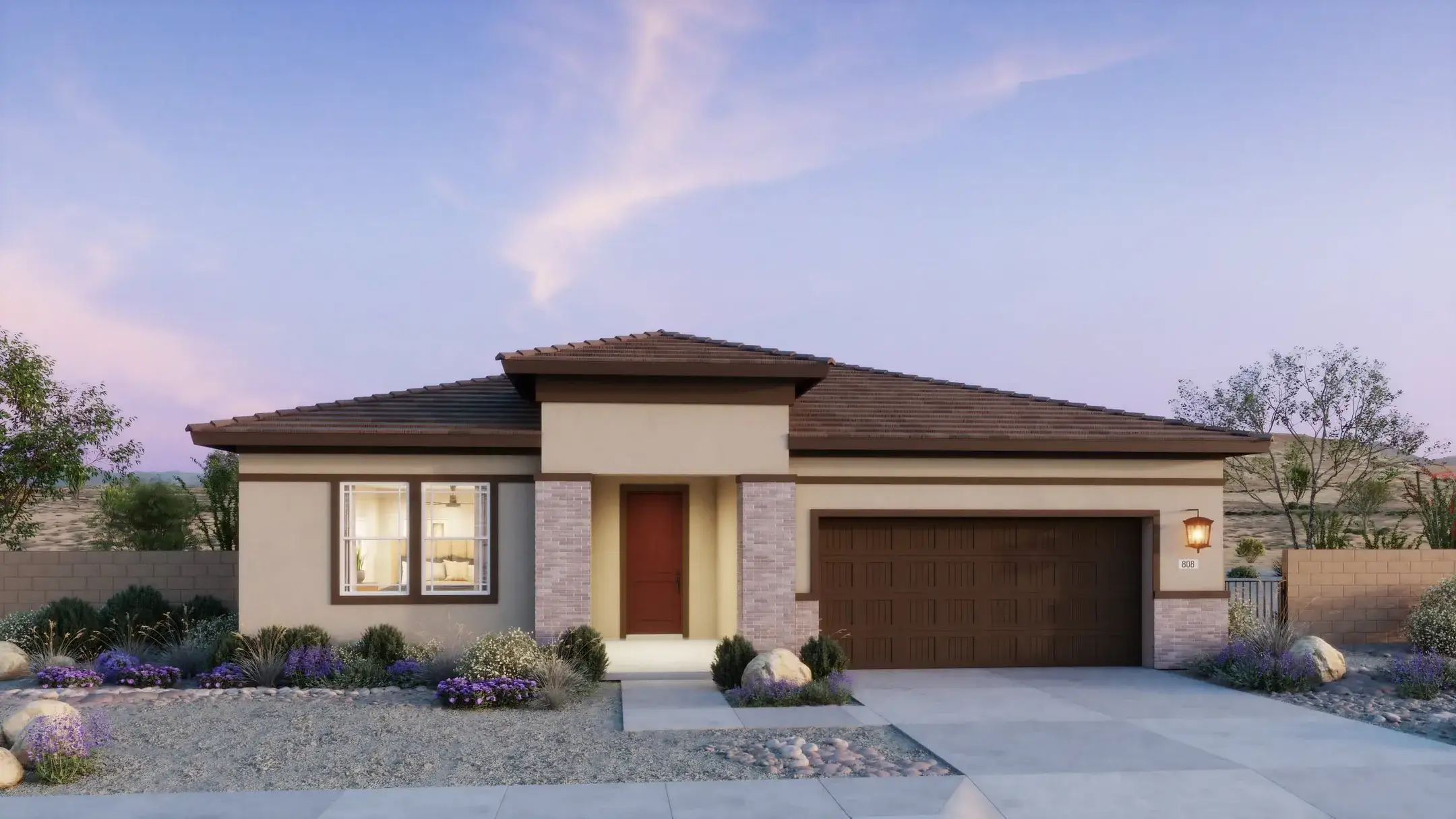 Front exterior of a new home in North Creek, Queen Creek, AZ, highlighting curb appeal (Image 1). Front exterior of a new home in North Creek, Queen Creek, AZ, highlighting curb appeal (Image 1).