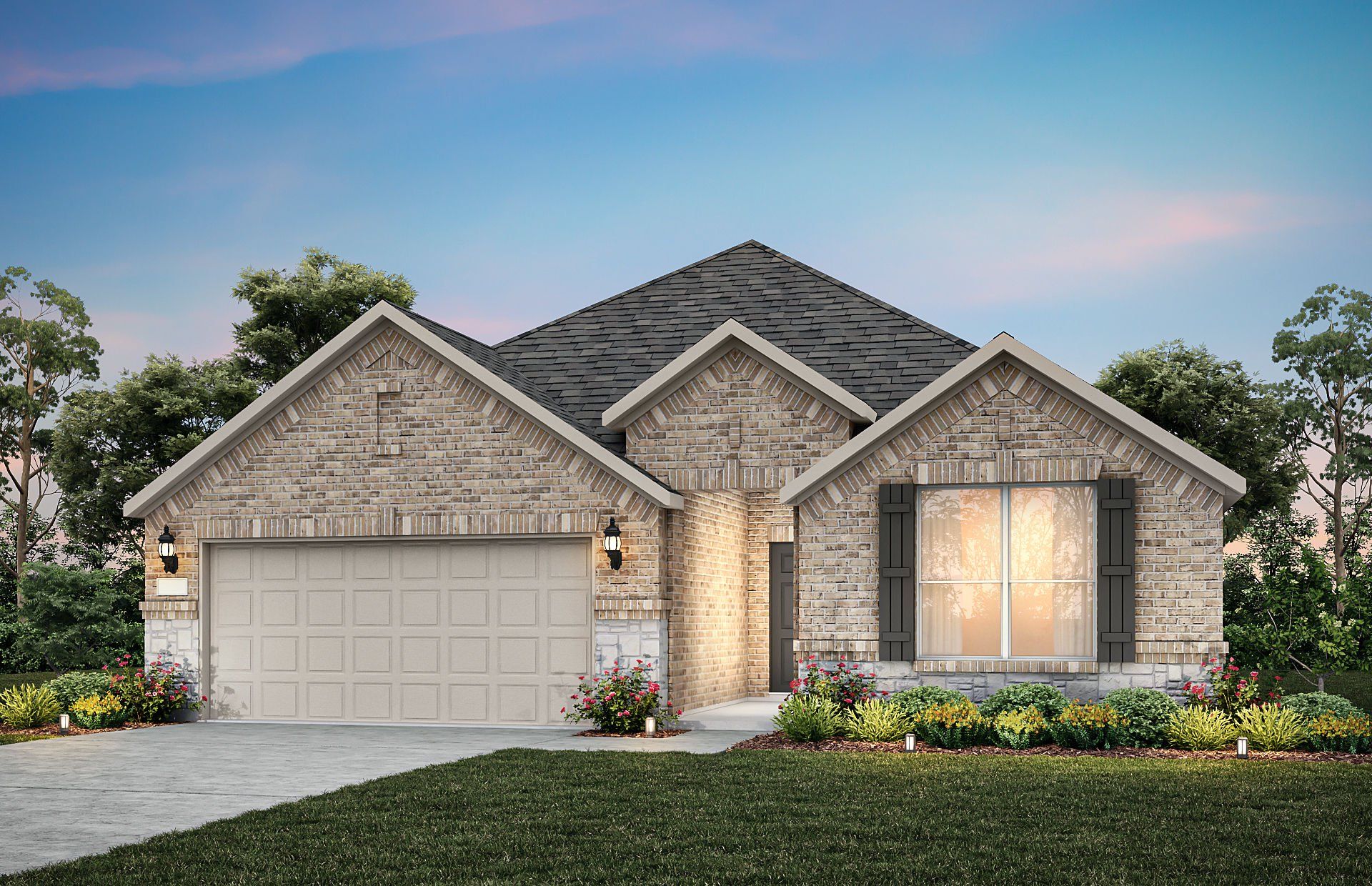 Front exterior of a new home in Overland Grove, Forney, TX, highlighting curb appeal (Image 1). Front exterior of a new home in Overland Grove, Forney, TX, highlighting curb appeal (Image 1).