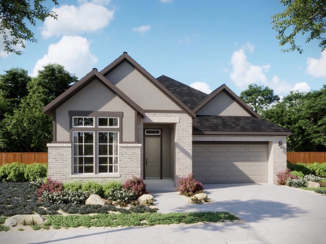 Front exterior of a new home in Persimmon, Buda, TX, highlighting curb appeal (Image 1). Front exterior of a new home in Persimmon, Buda, TX, highlighting curb appeal (Image 1).