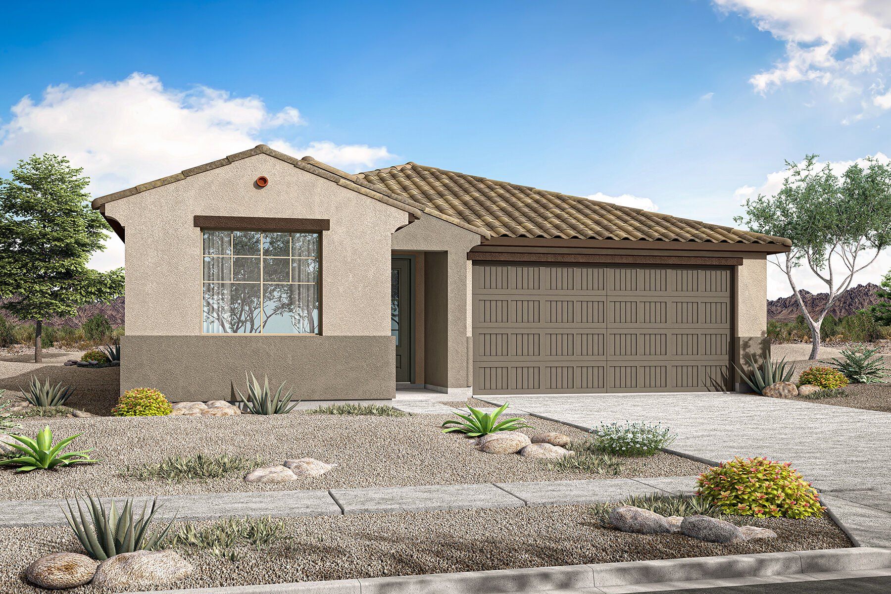 Front exterior of a new home in Soleo, San Tan Valley, AZ, highlighting curb appeal (Image 1). Front exterior of a new home in Soleo, San Tan Valley, AZ, highlighting curb appeal (Image 1).