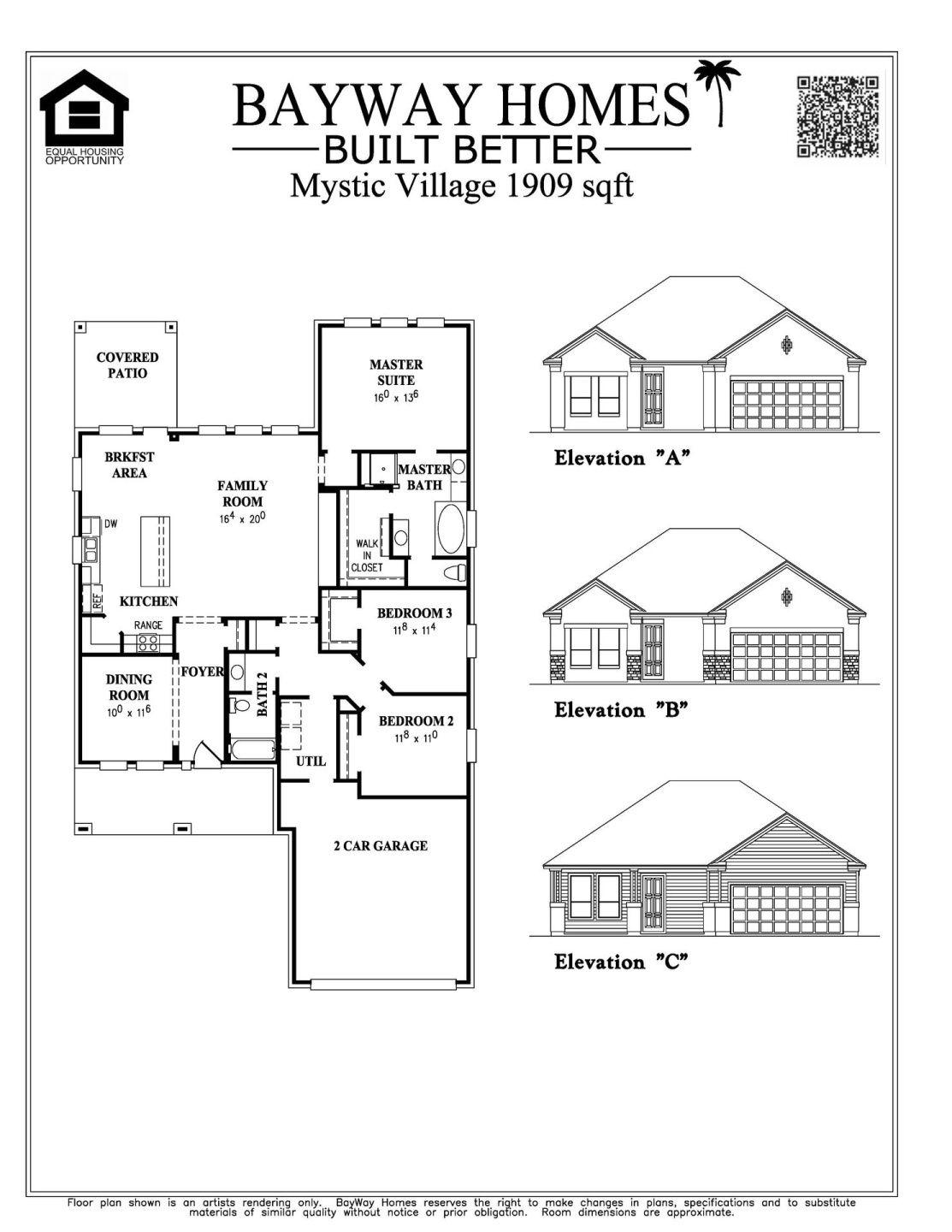 2D floor plan layout for the Mystic Village by Bayway Homes in Lake Mija Village, Seabrook, TX (Image 1).