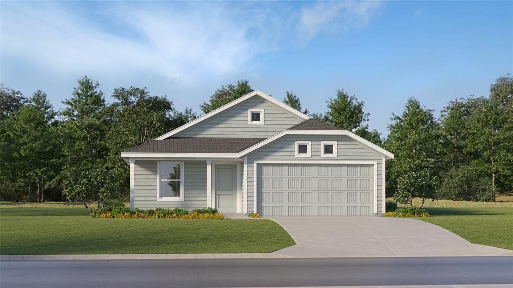 View of front of house with a front yard, concrete driveway, roof with shingles, and a garage View of front of house with a front yard, concrete driveway, roof with shingles, and a garage