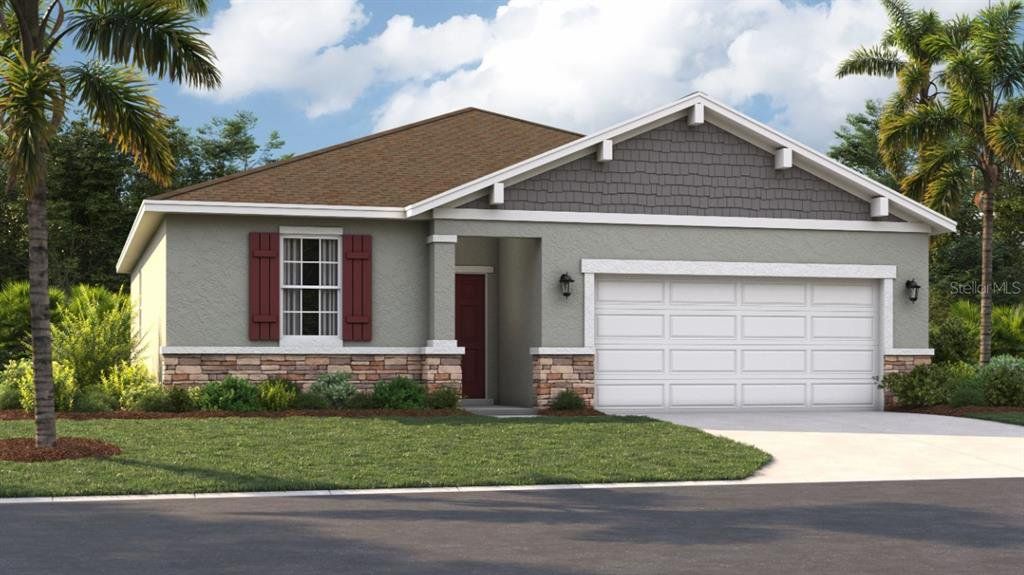 Front exterior of a new home in Covered Bridge at Liberty Bluff, Haines City, FL, highlighting curb appeal (Image 1). Front exterior of a new home in Covered Bridge at Liberty Bluff, Haines City, FL, highlighting curb appeal (Image 1).