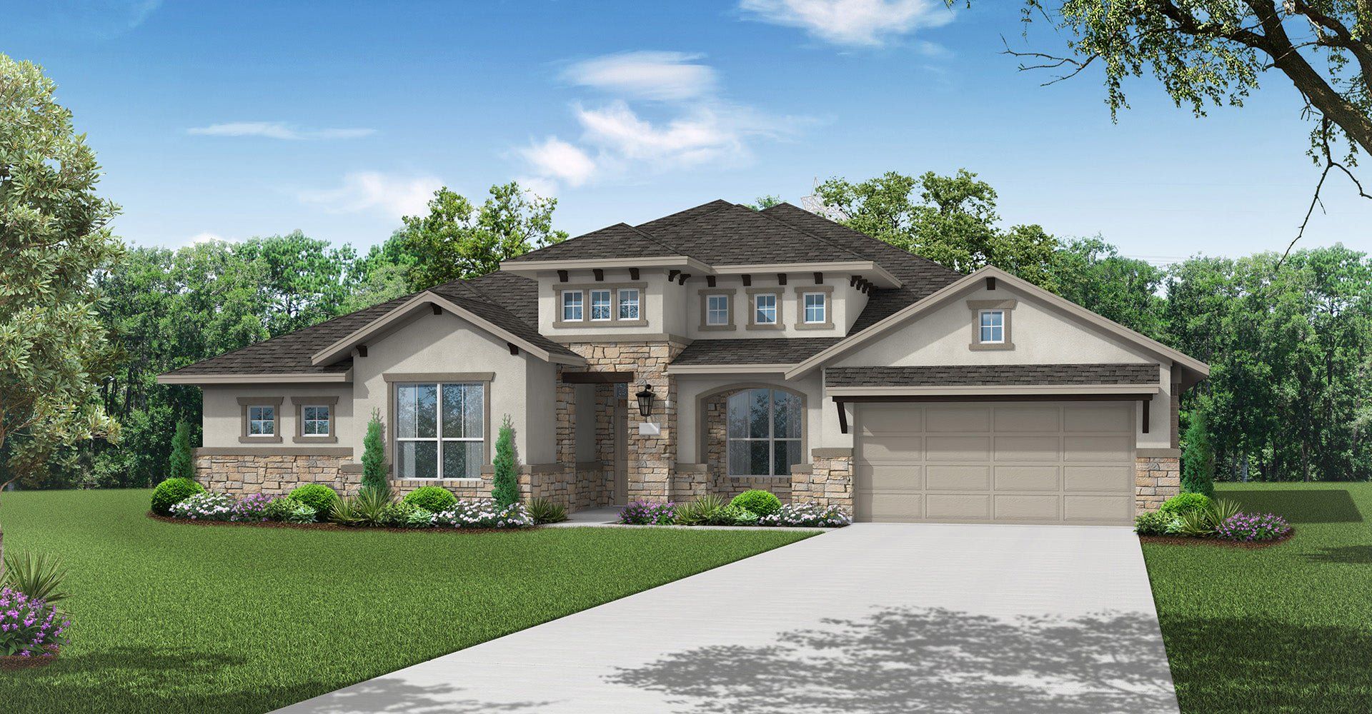 Front exterior of a new home in Megan's Landing, Castroville, TX, highlighting curb appeal (Image 1). Front exterior of a new home in Megan's Landing, Castroville, TX, highlighting curb appeal (Image 1).