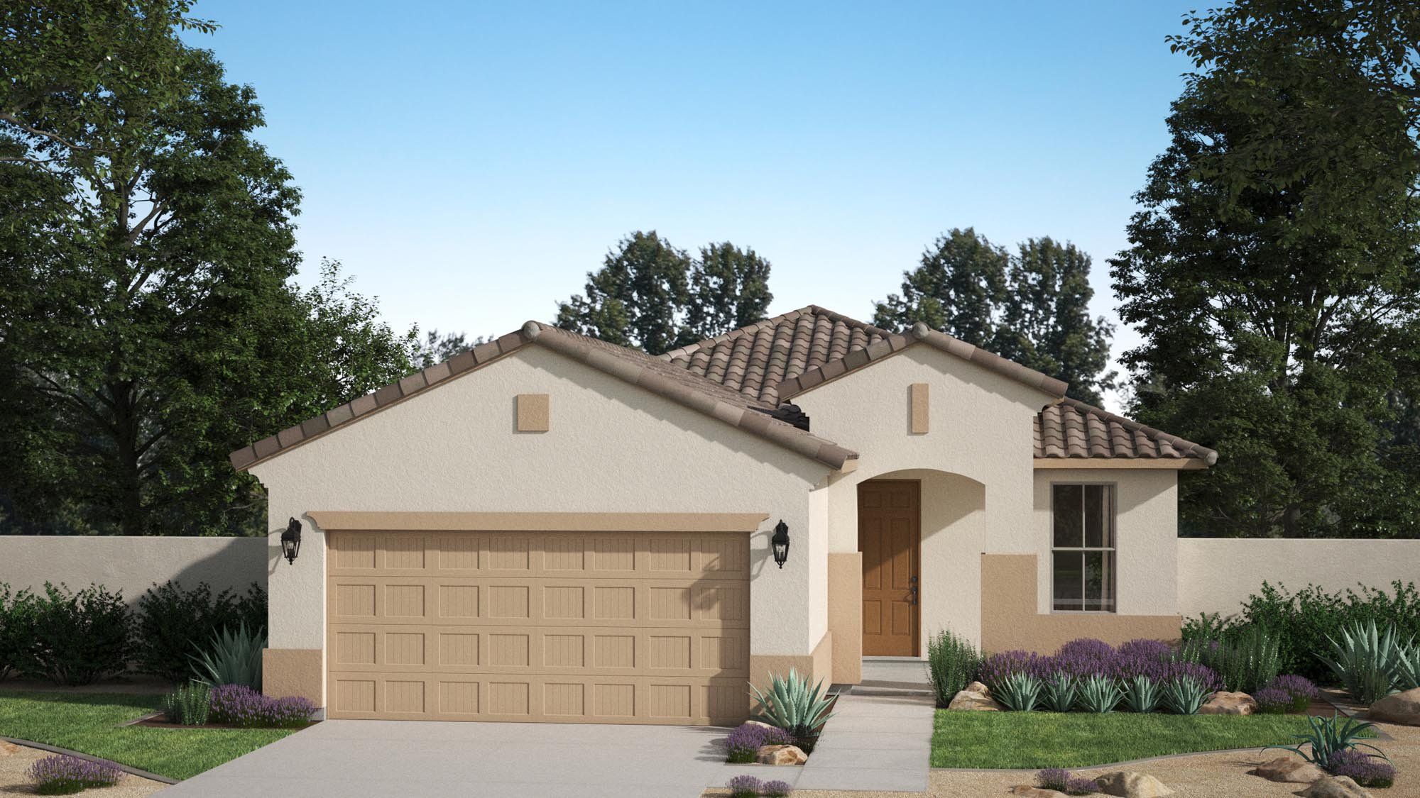 Front exterior of a new home in Bentridge, Buckeye, AZ, highlighting curb appeal (Image 1). Front exterior of a new home in Bentridge, Buckeye, AZ, highlighting curb appeal (Image 1).