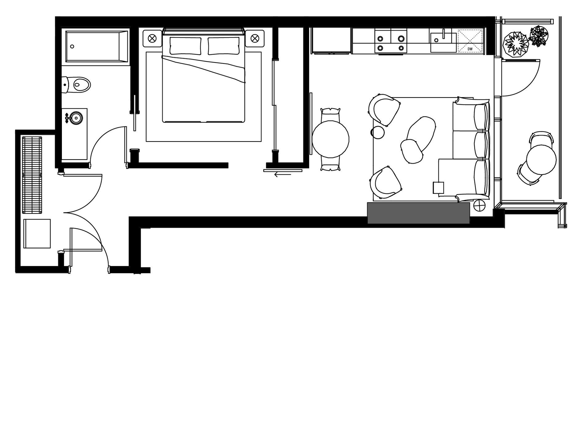 2D floor plan layout for the A1ES by Urbanspace Development in The Modern Austin Residences, Austin, TX (Image 1). 2D floor plan layout for the A1ES by Urbanspace Development in The Modern Austin Residences, Austin, TX (Image 1).