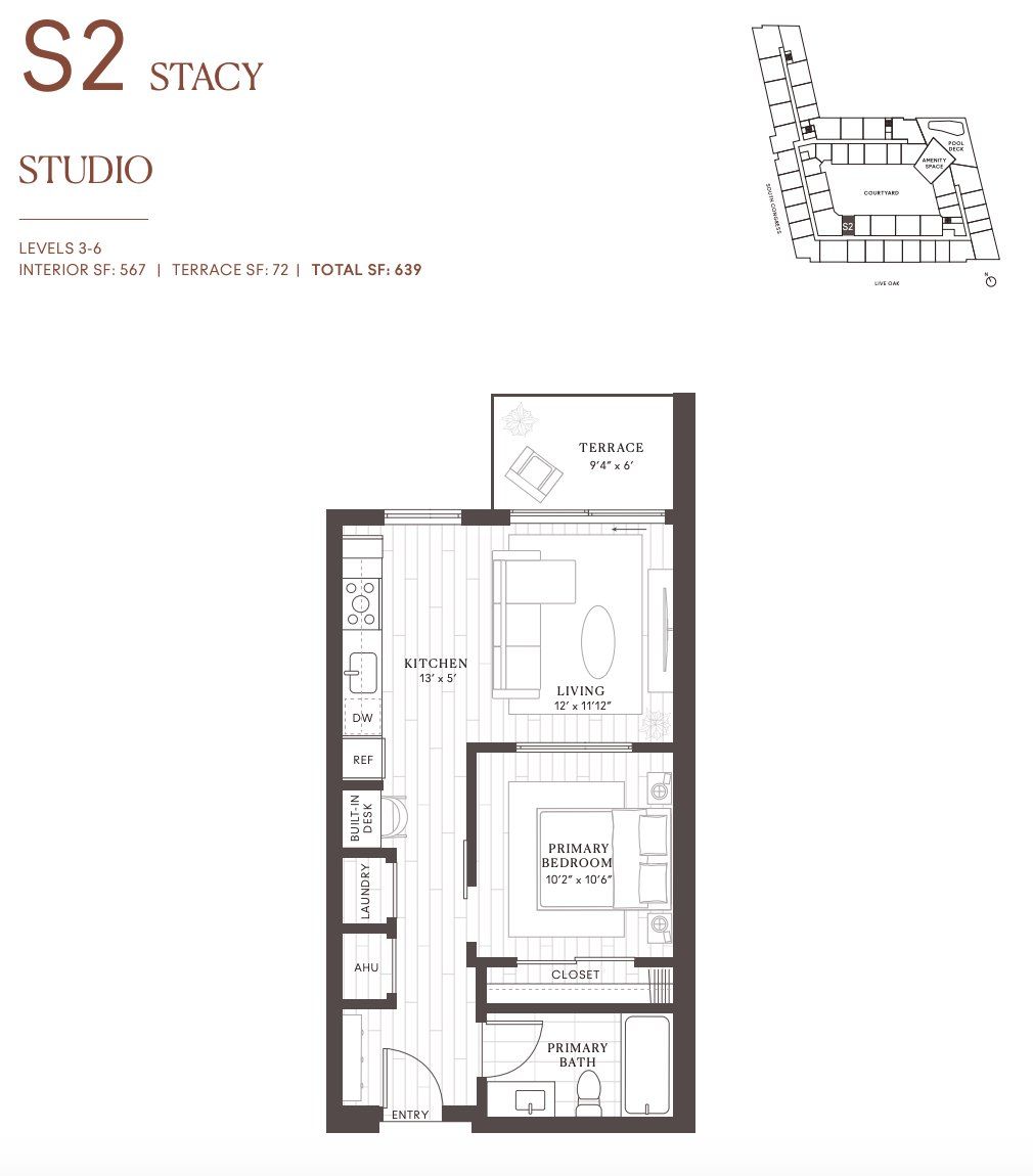 2D floor plan layout for the S2 Stacy by Intracorp in Leland South Congress, Austin, TX (Image 1). 2D floor plan layout for the S2 Stacy by Intracorp in Leland South Congress, Austin, TX (Image 1).