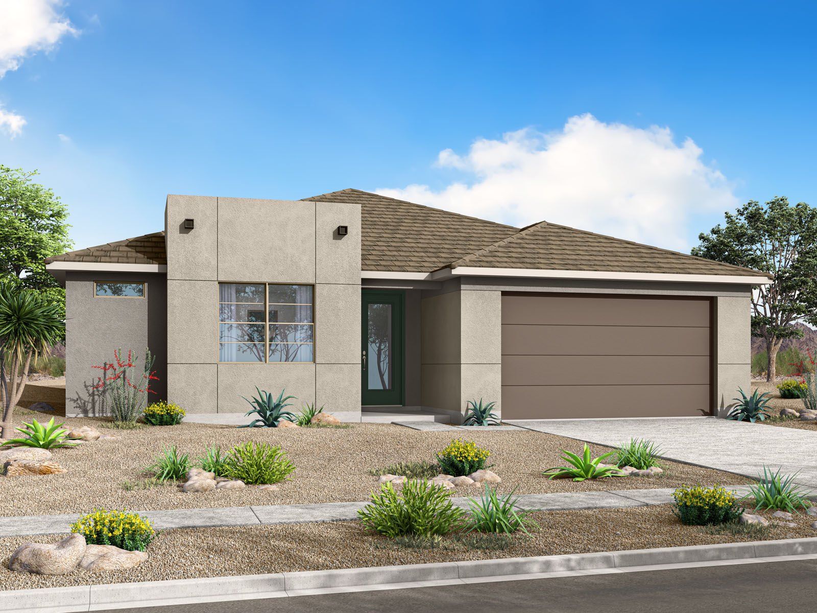 Front exterior of a new home in Las Ventanas, Goodyear, AZ, highlighting curb appeal (Image 1). Front exterior of a new home in Las Ventanas, Goodyear, AZ, highlighting curb appeal (Image 1).