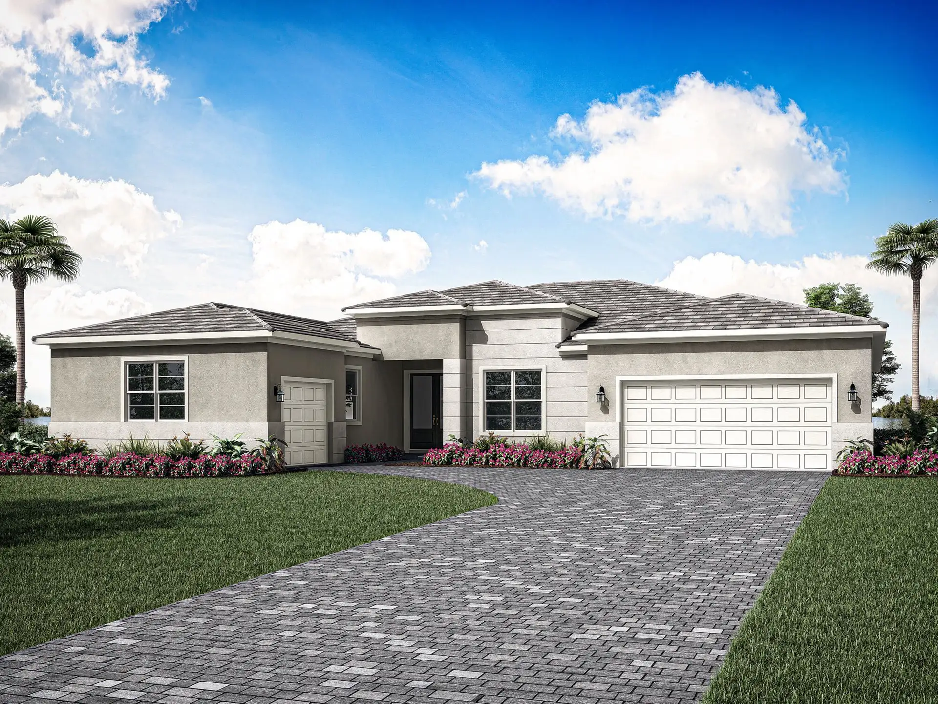 Front exterior of a new home in Tradition - Seville, Port St. Lucie, FL, highlighting curb appeal (Image 1).