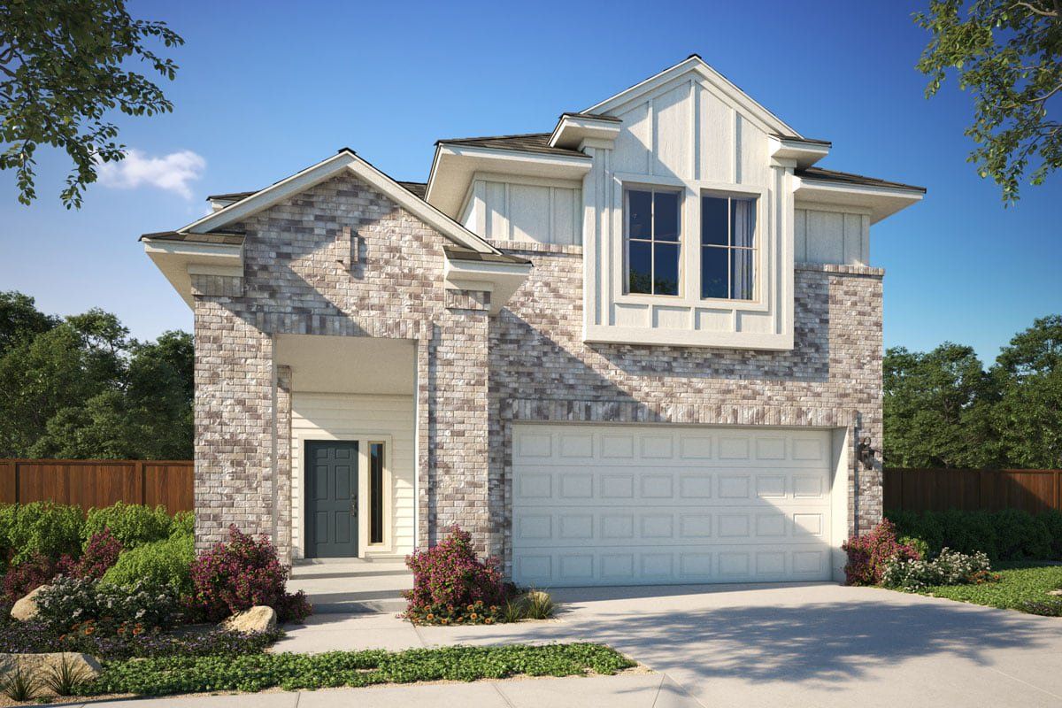 Front exterior of a new home in Porter Country, Buda, TX, highlighting curb appeal (Image 1).