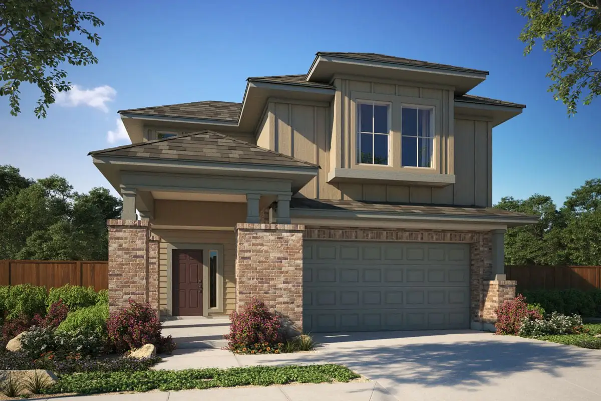 Front exterior of a new home in Porter Country, Buda, TX, highlighting curb appeal (Image 1).