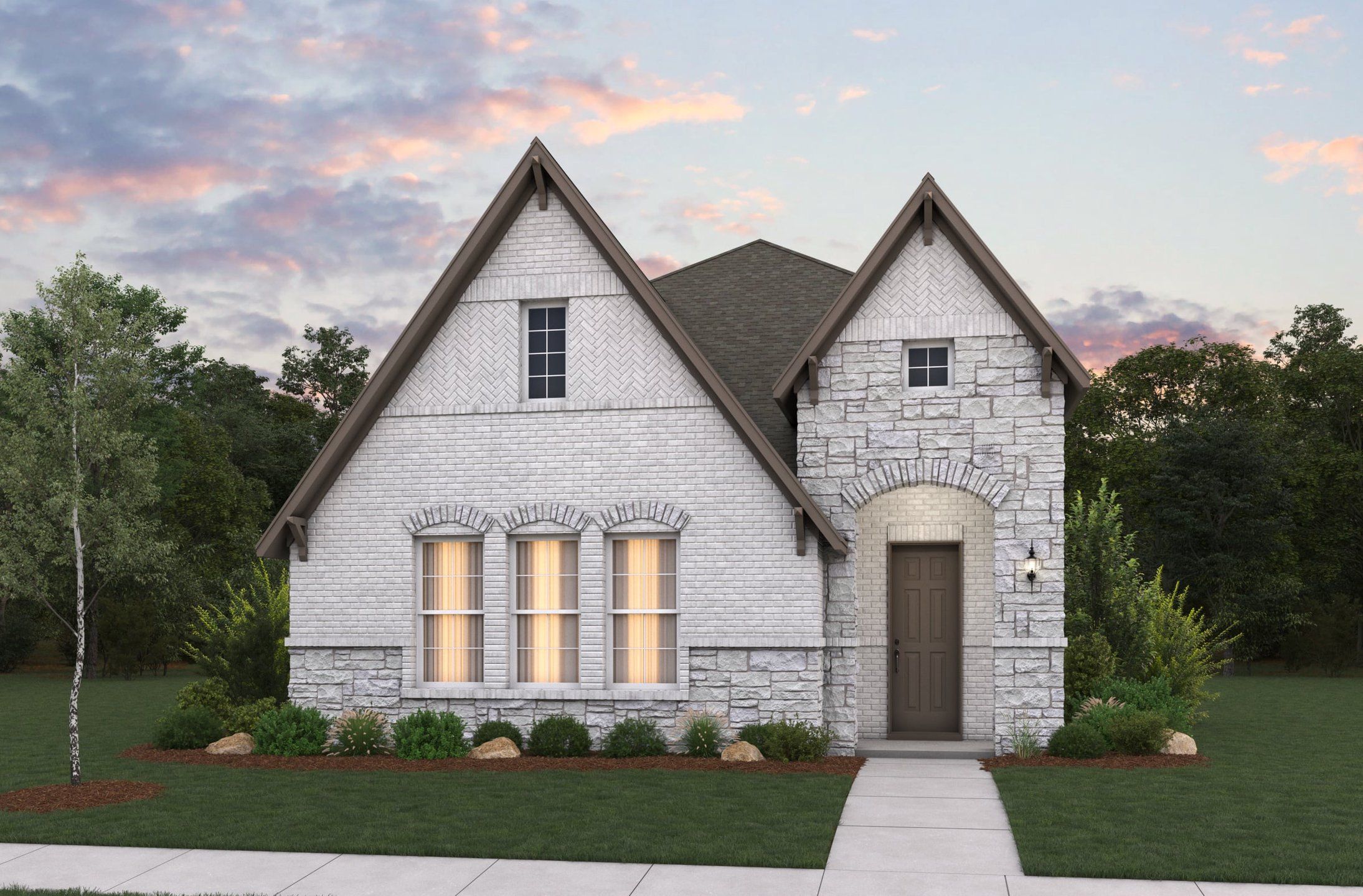 Front exterior of a new home in Veramendi, New Braunfels, TX, highlighting curb appeal (Image 1). Front exterior of a new home in Veramendi, New Braunfels, TX, highlighting curb appeal (Image 1).