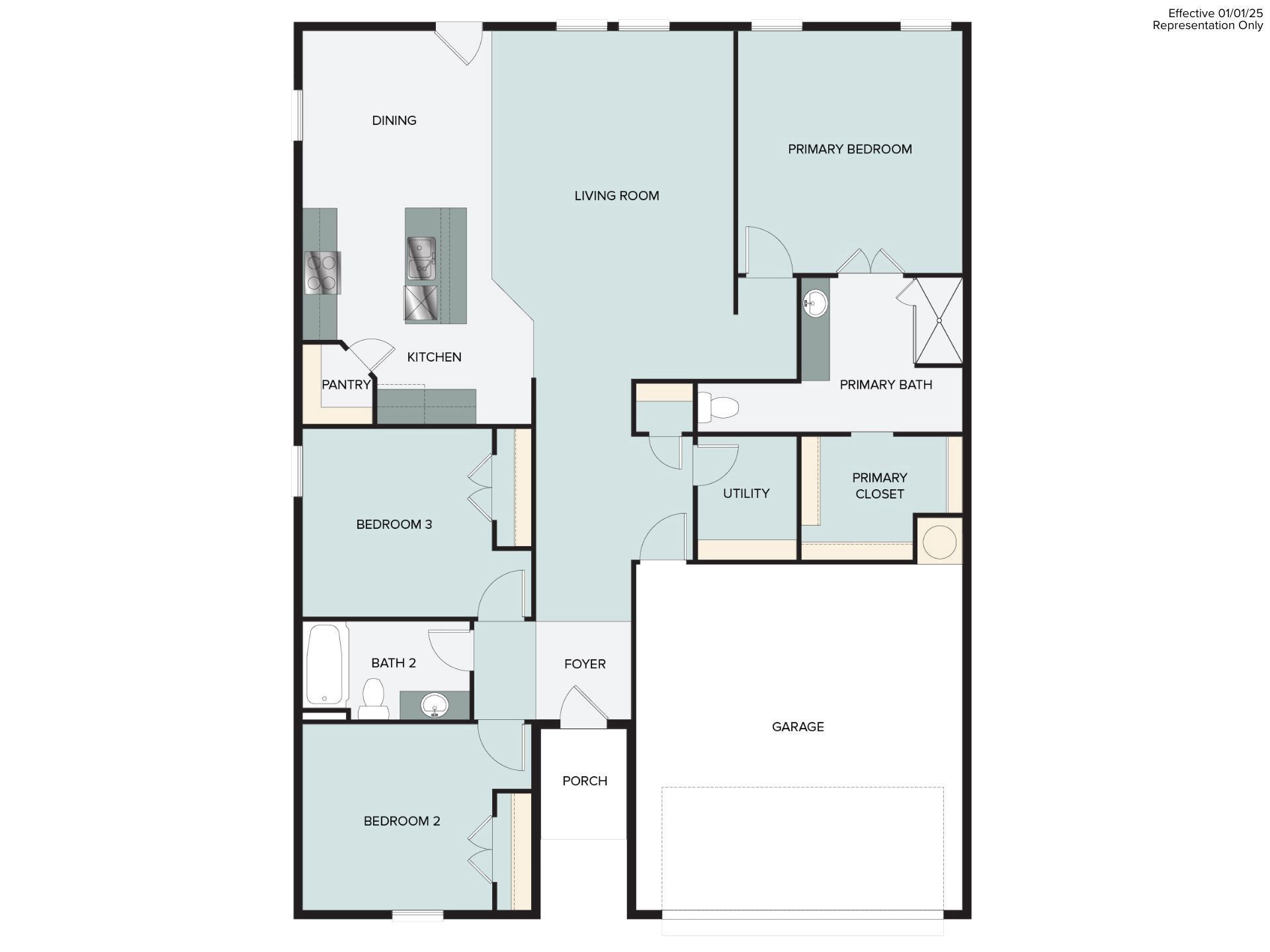2D floor plan layout for the 1551 by Brohn Homes in Harvest Ridge, Elgin, TX (Image 1).