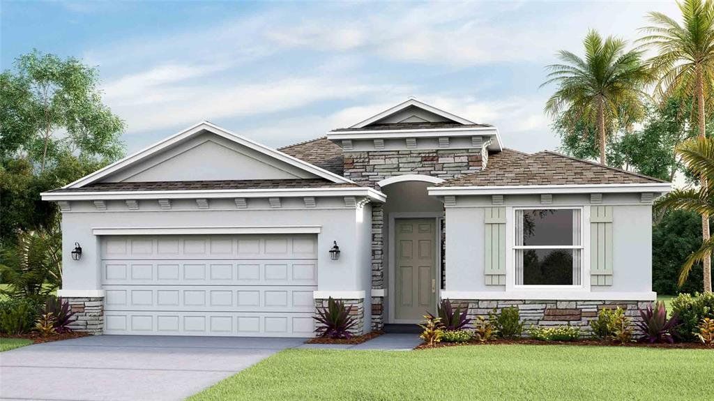 Front exterior of a new home in Bella Lago, Parrish, FL, highlighting curb appeal (Image 1). Front exterior of a new home in Bella Lago, Parrish, FL, highlighting curb appeal (Image 1).