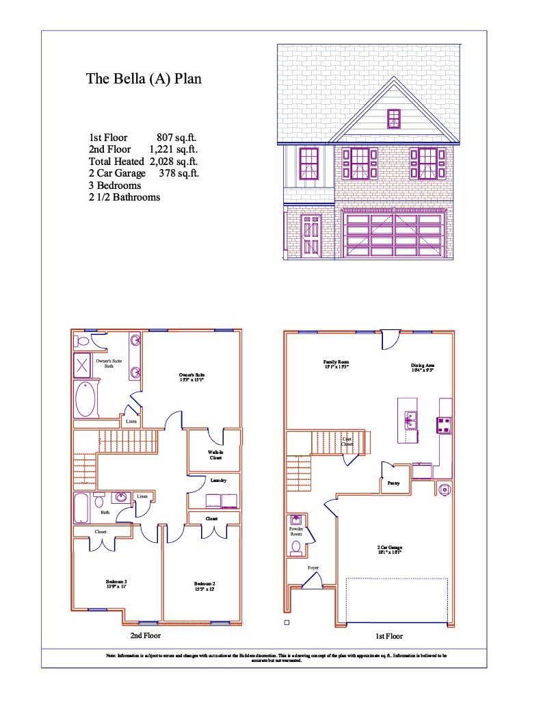 2D floor plan layout for the The Bella by Hadi Builders in Brookmont, Douglasville, GA (Image 1).