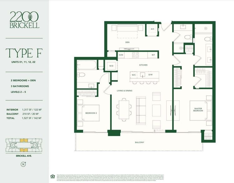 2D floor plan layout for the TYPE F by Aria Development Group in 2200 Brickell, Miami, FL (Image 1).