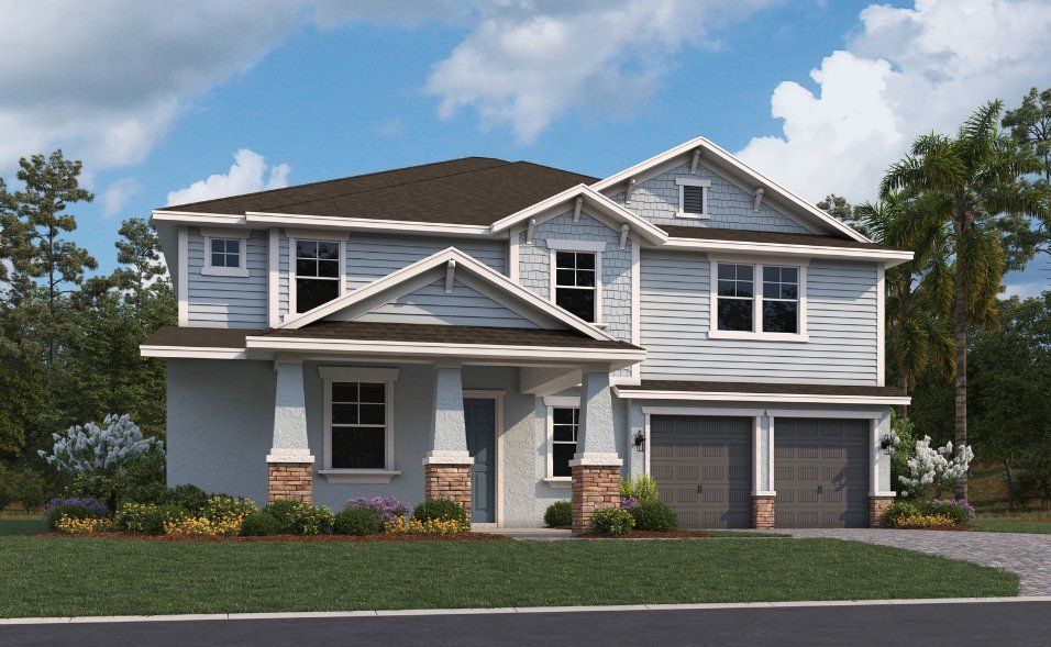Front exterior of a new home in Hills of Minneola, Minneola, FL, highlighting curb appeal (Image 1).