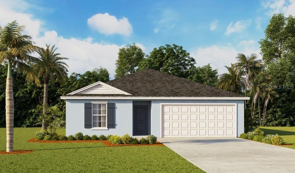 Front exterior of a new home in Cove at West Port - Express, Port Charlotte, FL, highlighting curb appeal (Image 1). Front exterior of a new home in Cove at West Port - Express, Port Charlotte, FL, highlighting curb appeal (Image 1).