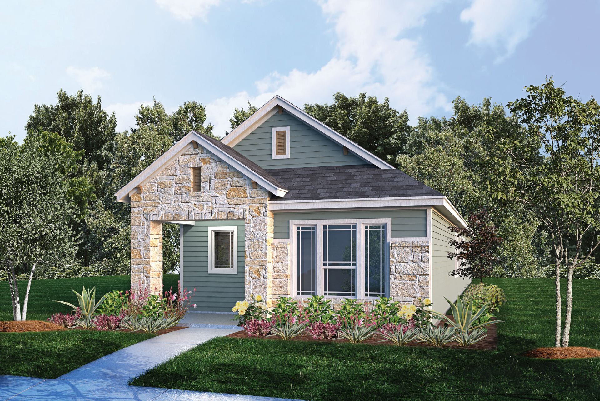 Representative exterior photo of a completed home built from the 1493 by Wes Peoples Homes in Town Creek, New Braunfels, TX (Image 1). Representative exterior photo of a completed home built from the 1493 by Wes Peoples Homes in Town Creek, New Braunfels, TX (Image 1).