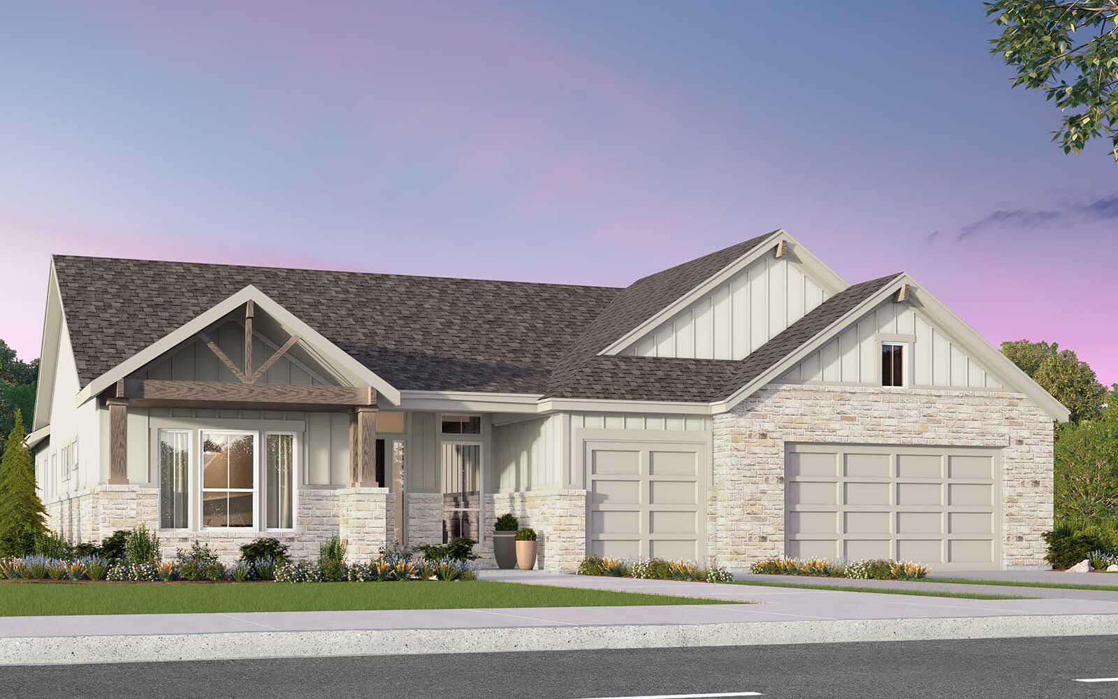 Front exterior of a new home in Kissing Tree, San Marcos, TX, highlighting curb appeal (Image 1). Front exterior of a new home in Kissing Tree, San Marcos, TX, highlighting curb appeal (Image 1).