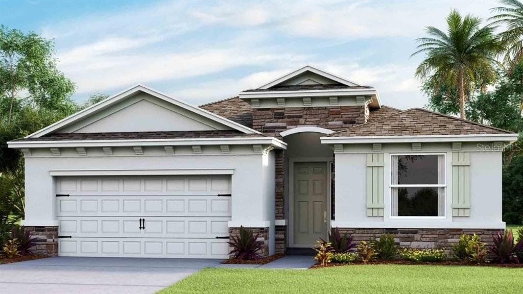 Front exterior of a new home in Angeline, Land O' Lakes, FL, highlighting curb appeal (Image 1). Front exterior of a new home in Angeline, Land O' Lakes, FL, highlighting curb appeal (Image 1).