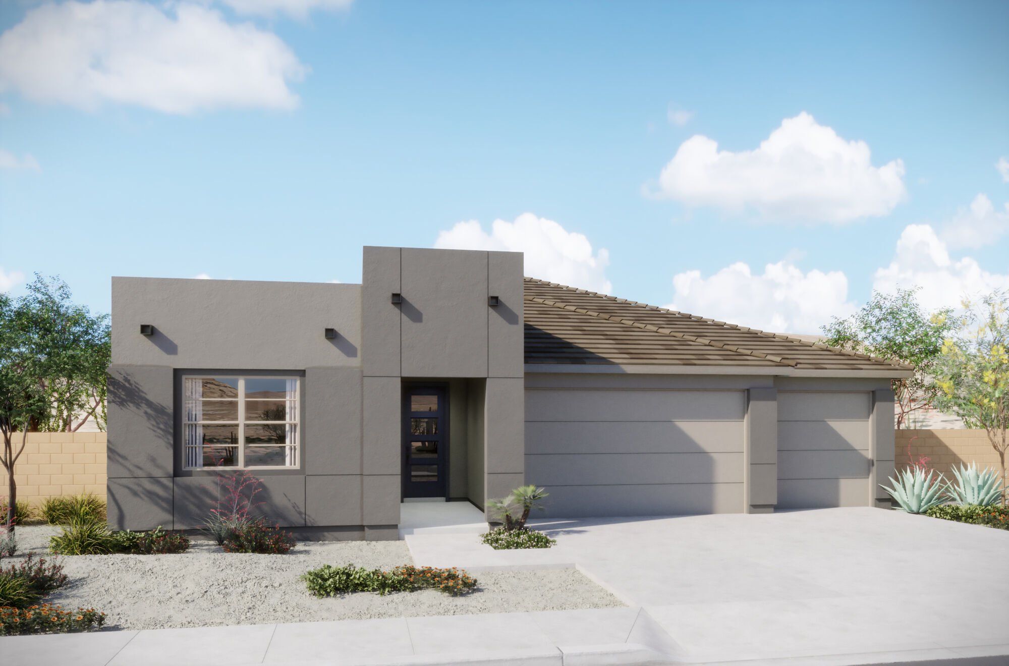 Front exterior of a new home in Covena Pointe, Tucson, AZ, highlighting curb appeal (Image 1). Front exterior of a new home in Covena Pointe, Tucson, AZ, highlighting curb appeal (Image 1).