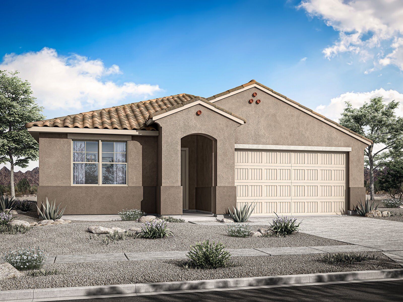 Front exterior of a new home in Landmarke, San Tan Valley, AZ, highlighting curb appeal (Image 1). Front exterior of a new home in Landmarke, San Tan Valley, AZ, highlighting curb appeal (Image 1).