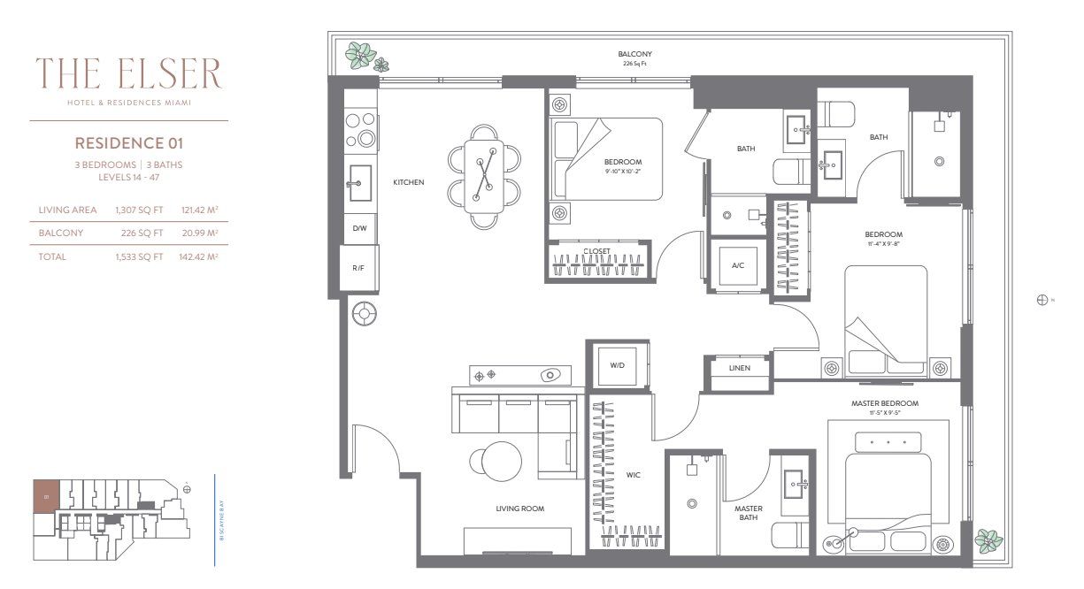 2D floor plan layout for the Residence 01 by Property Markets Group in The Elser Hotel & Residences, Miami, FL (Image 1).
