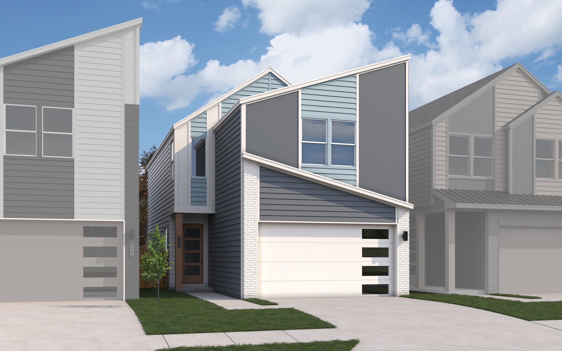 Modern two-story home with gray and white siding, brick accents, and two-car garage Modern two-story home with gray and white siding, brick accents, and two-car garage