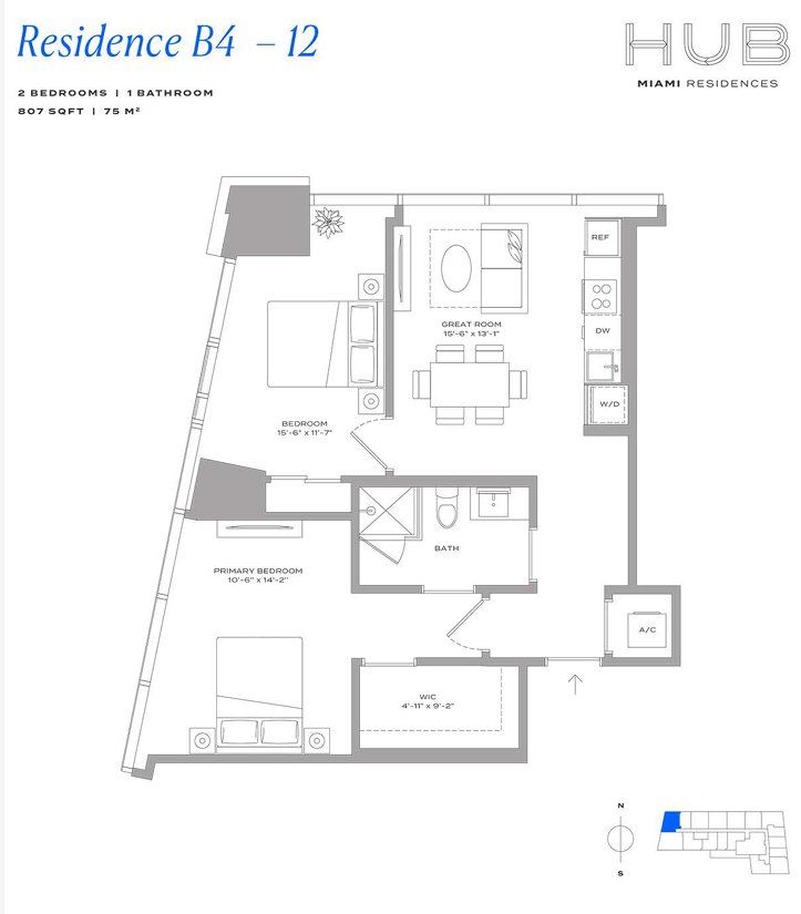 2D floor plan layout for the Residence B4 12 by The John Buck Company in HUB Miami, Miami, FL (Image 1). 2D floor plan layout for the Residence B4 12 by The John Buck Company in HUB Miami, Miami, FL (Image 1).