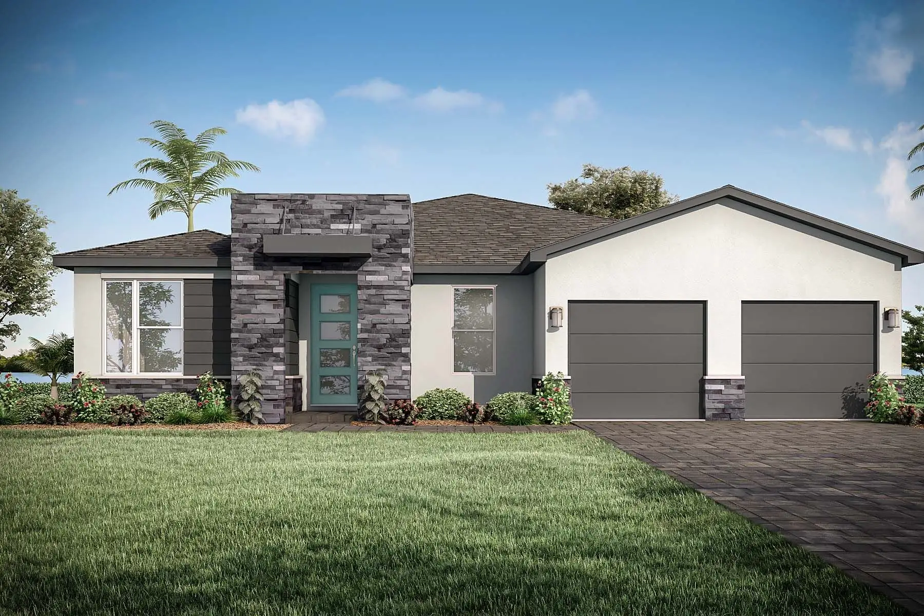 Front exterior of a new home in Tradition - Kenley, Port St. Lucie, FL, highlighting curb appeal (Image 1).