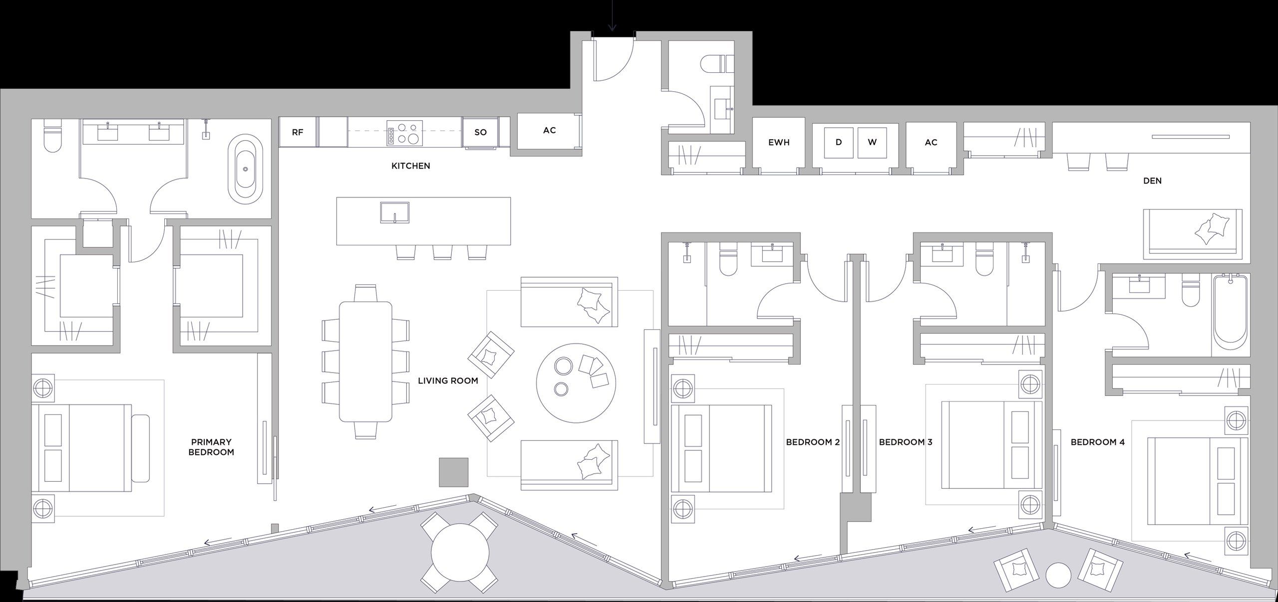 2D floor plan layout for the Unit E FLOORS 34-39 by SB Development in Cove, Miami, FL (Image 1).