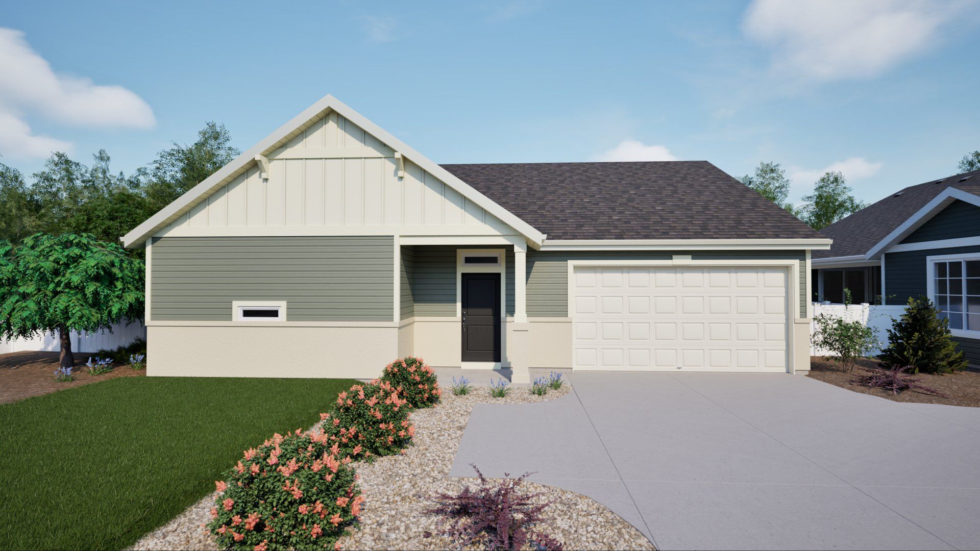 Representative exterior photo of a completed home built from the Sojourner by Oakwood Homes Co in The Reserve at Green Valley Ranch, Aurora, CO (Image 1). Representative exterior photo of a completed home built from the Sojourner by Oakwood Homes Co in The Reserve at Green Valley Ranch, Aurora, CO (Image 1).