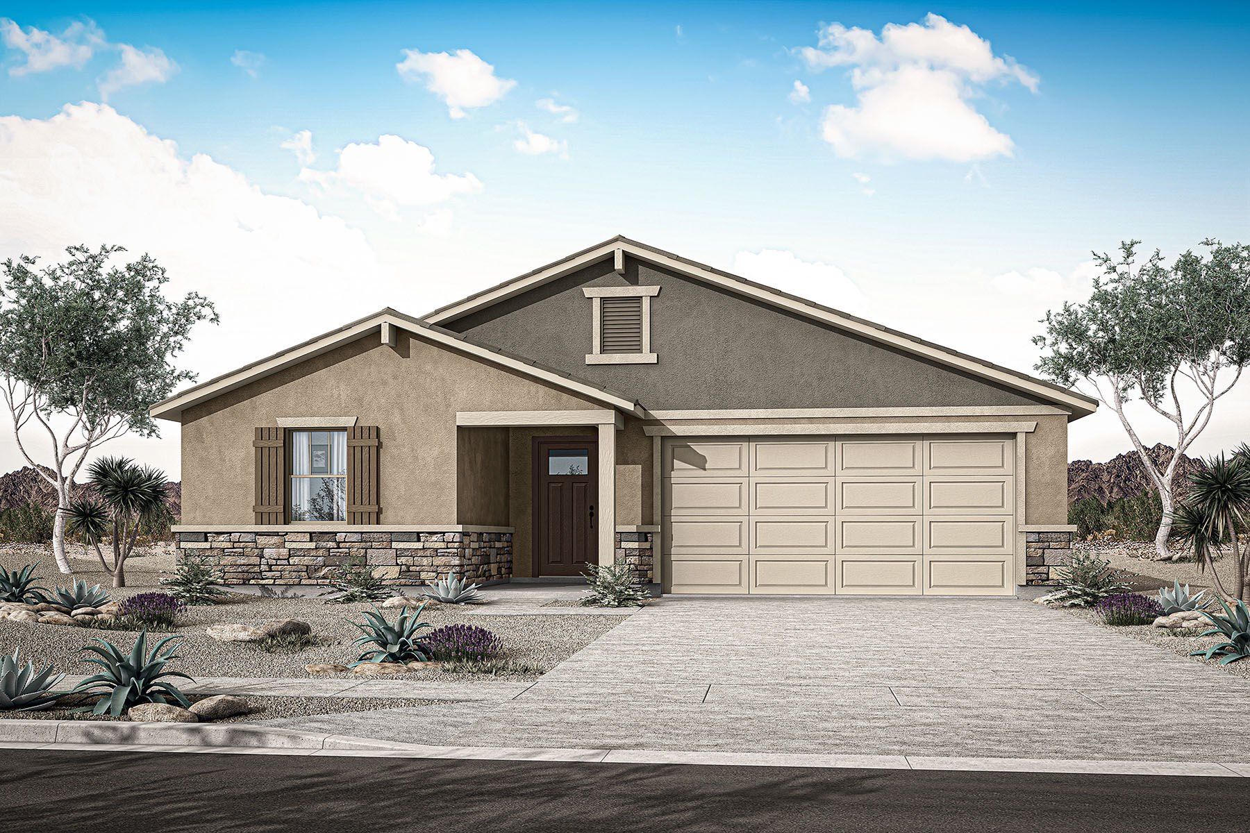 Front exterior of a new home in Tierra Vistoso, Surprise, AZ, highlighting curb appeal (Image 1). Front exterior of a new home in Tierra Vistoso, Surprise, AZ, highlighting curb appeal (Image 1).