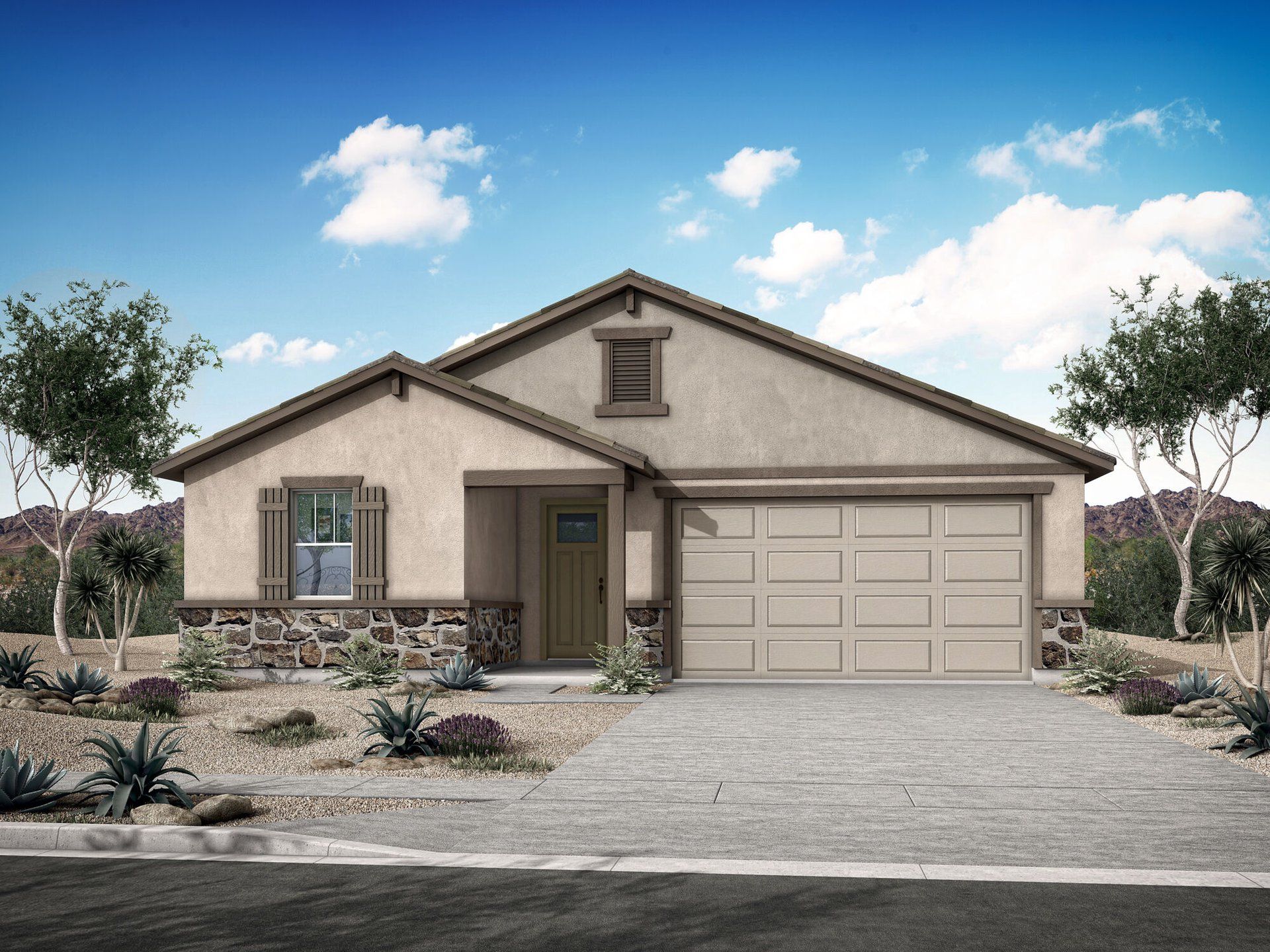 Front exterior of a new home in Pinnacle at San Tan Heights, San Tan Valley, AZ, highlighting curb appeal (Image 1). Front exterior of a new home in Pinnacle at San Tan Heights, San Tan Valley, AZ, highlighting curb appeal (Image 1).