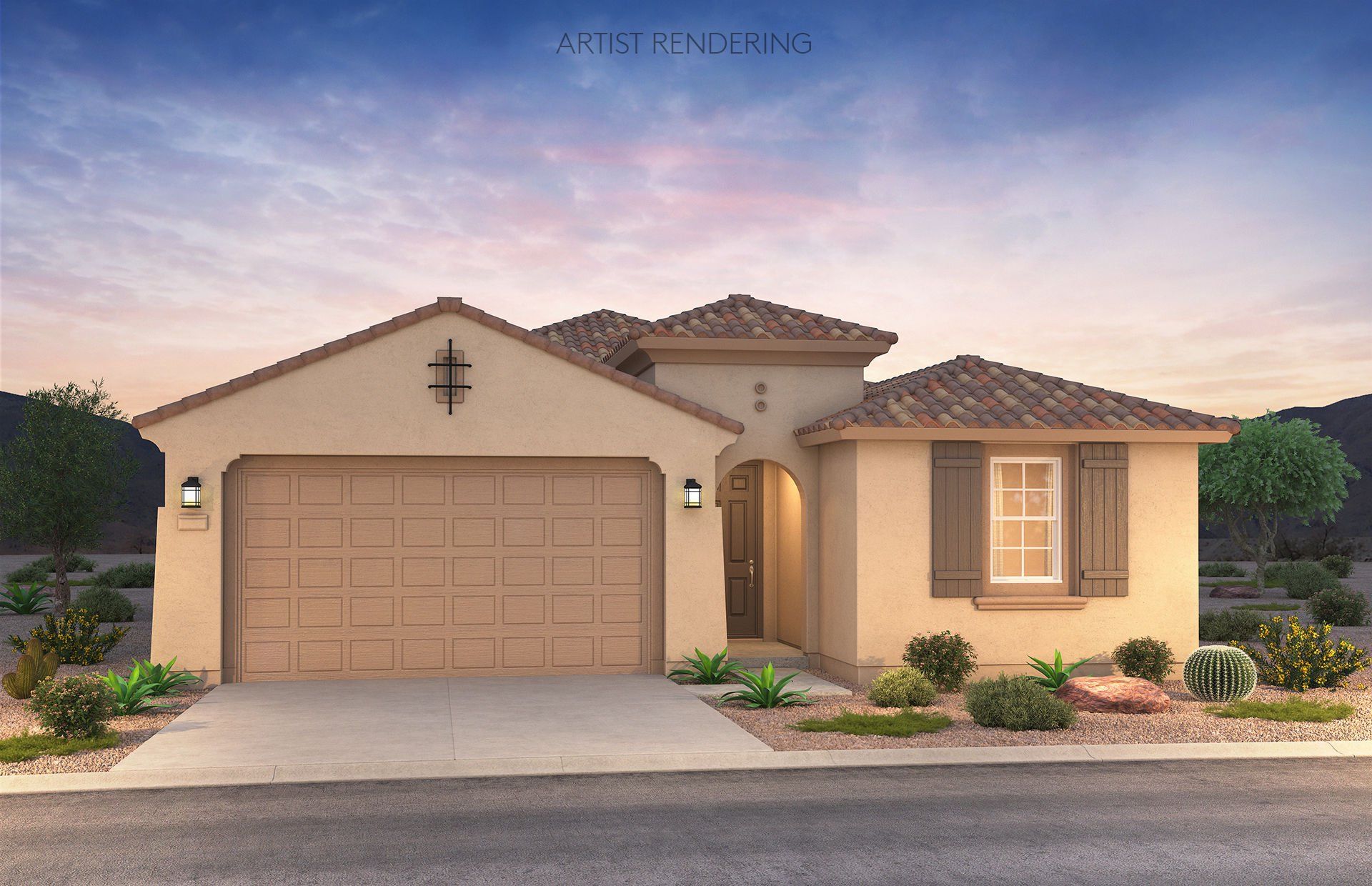 Front exterior of a new home in Blossom Rock, Apache Junction, AZ, highlighting curb appeal (Image 1). Front exterior of a new home in Blossom Rock, Apache Junction, AZ, highlighting curb appeal (Image 1).