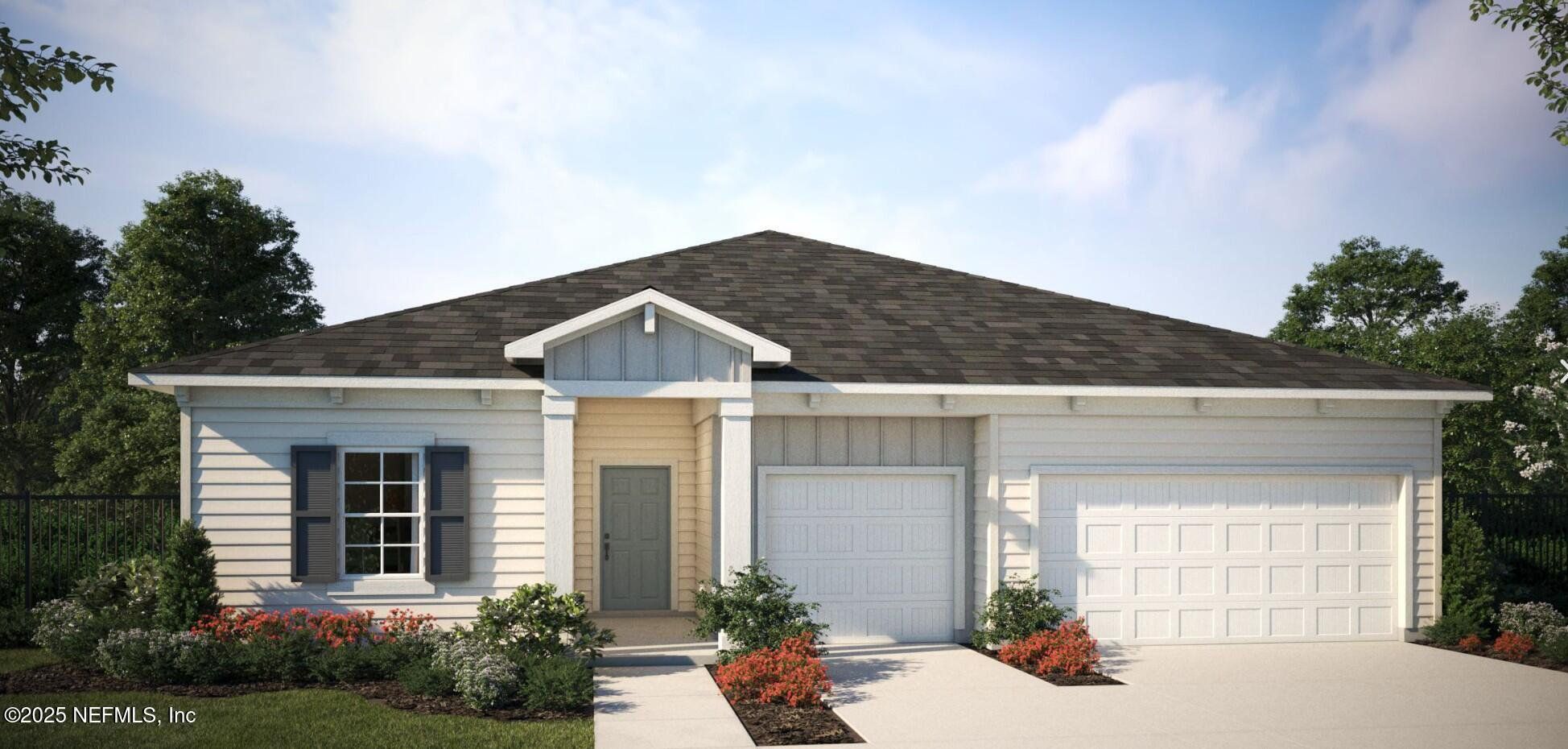 Front exterior of a new home in Reverie at Palm Coast, Palm Coast, FL, highlighting curb appeal (Image 1). Front exterior of a new home in Reverie at Palm Coast, Palm Coast, FL, highlighting curb appeal (Image 1).