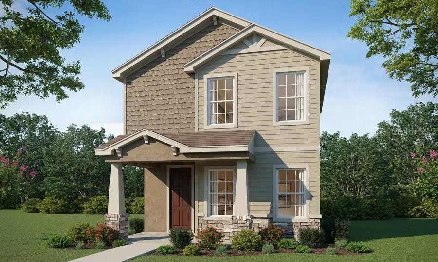 Front exterior of a new home in The Crossings - Bungalows, St. Cloud, FL, highlighting curb appeal (Image 1). Front exterior of a new home in The Crossings - Bungalows, St. Cloud, FL, highlighting curb appeal (Image 1).