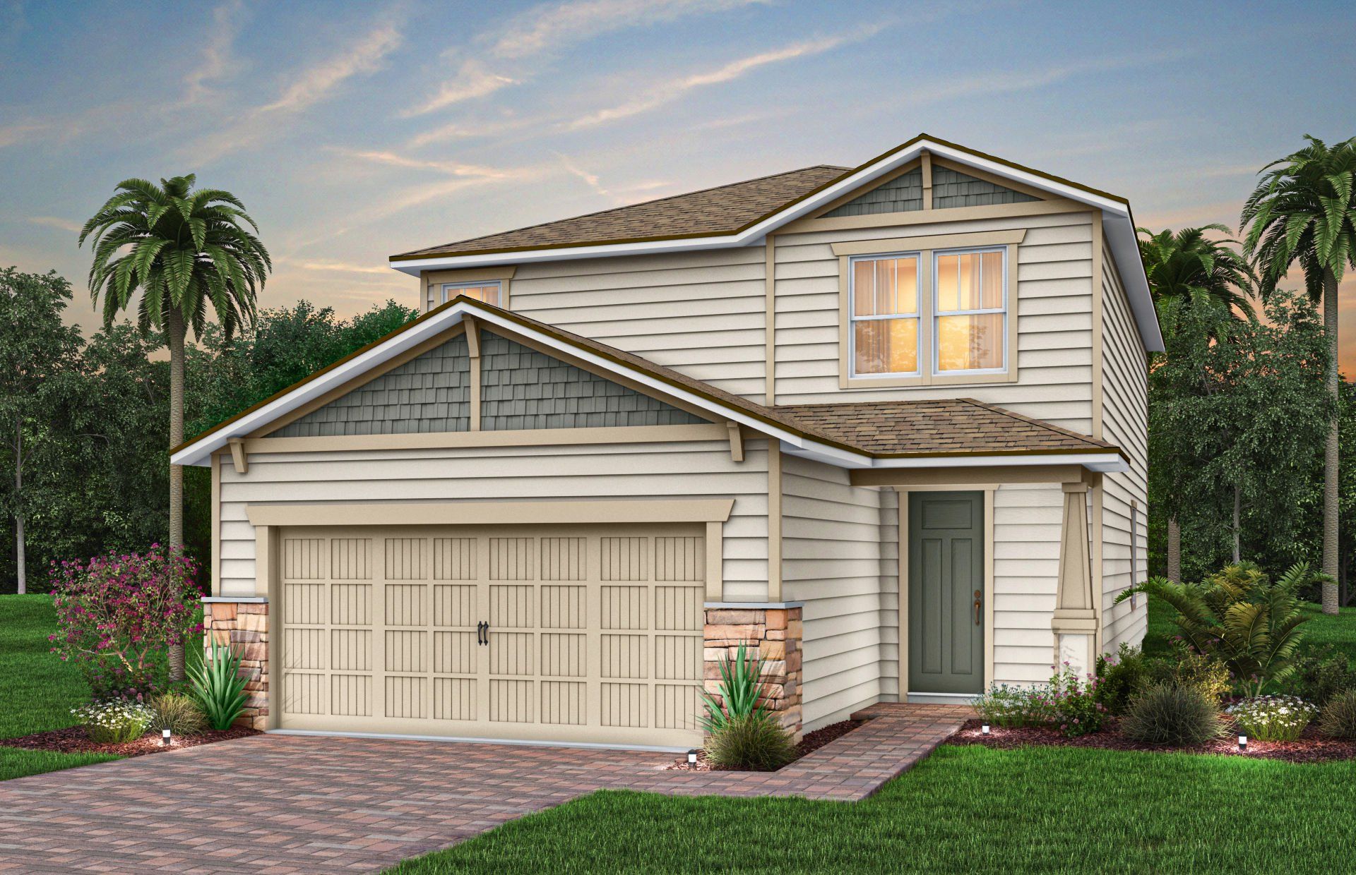 Front exterior of a new home in The Preserve at Bannon Lakes, St. Augustine, FL, highlighting curb appeal (Image 1). Front exterior of a new home in The Preserve at Bannon Lakes, St. Augustine, FL, highlighting curb appeal (Image 1).