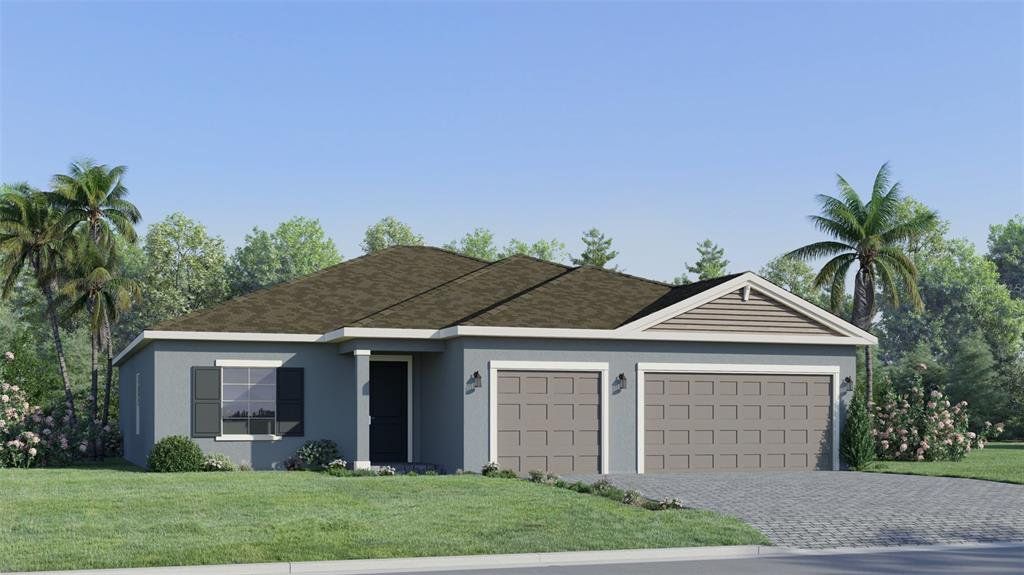 Front exterior of a new home in Juliette Falls, Dunnellon, FL, highlighting curb appeal (Image 1).
