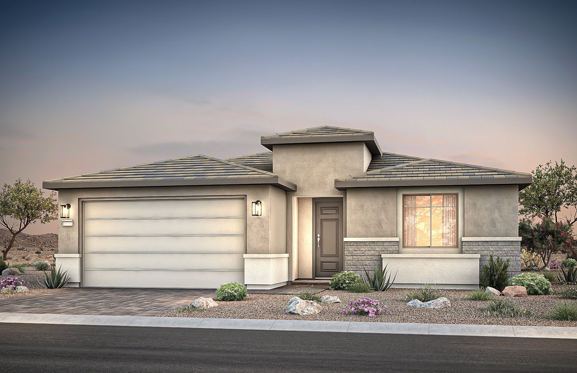 Front exterior of a new home in Sun City Anthem at Merrill Ranch, Florence, AZ, highlighting curb appeal (Image 1). Front exterior of a new home in Sun City Anthem at Merrill Ranch, Florence, AZ, highlighting curb appeal (Image 1).