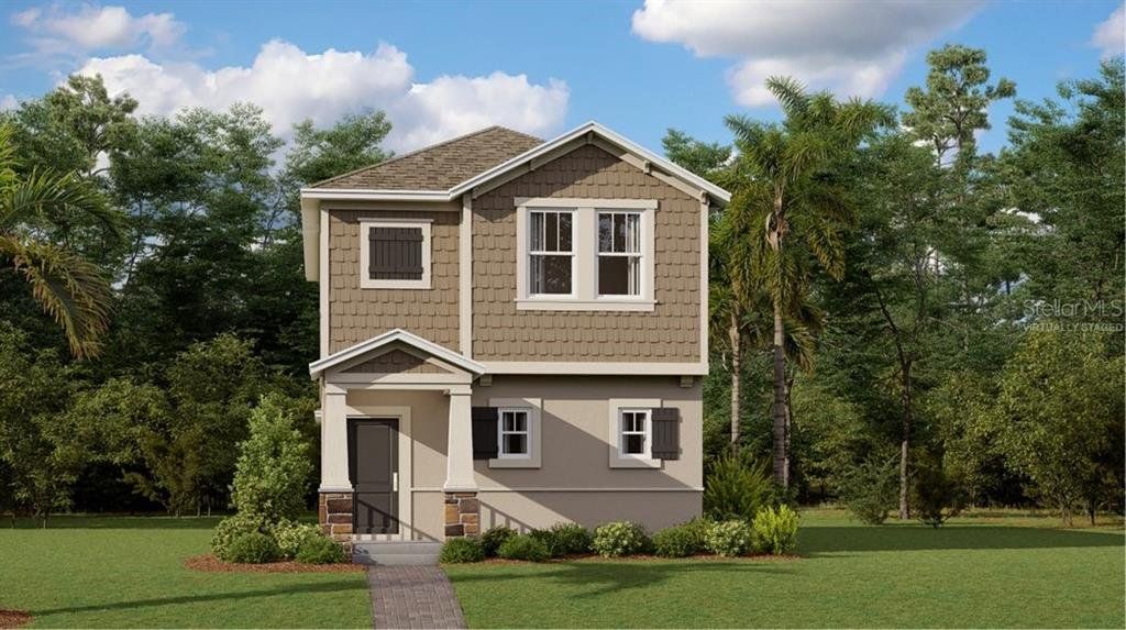 Front exterior of a new home in EverBe: Cottage Alley Collection, Orlando, FL, highlighting curb appeal (Image 1).