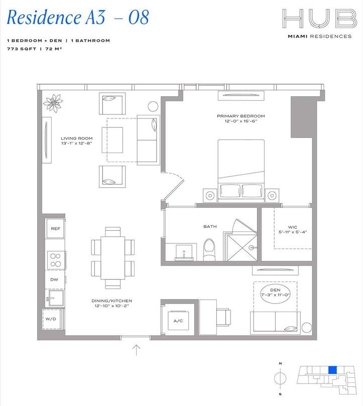 2D floor plan layout for the Residence A3 08 by The John Buck Company in HUB Miami, Miami, FL (Image 1).