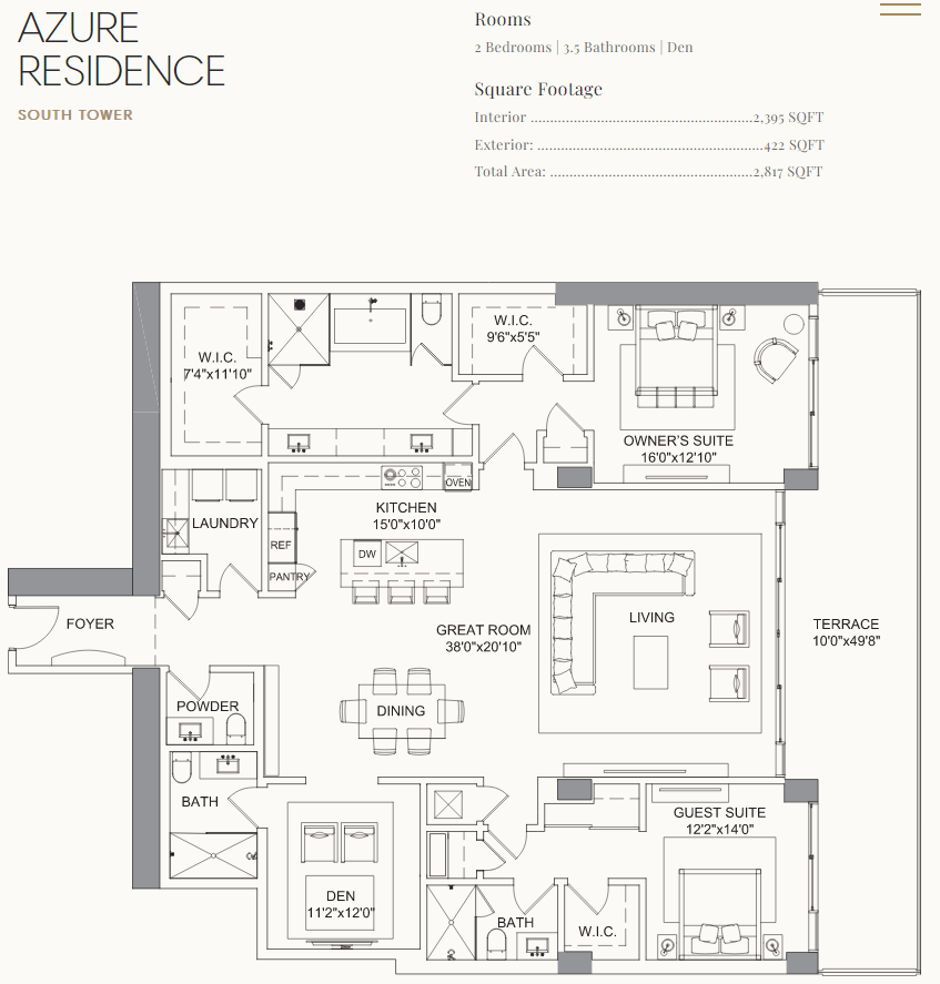 2D floor plan layout for the Azure by Kolter Urban in Selene Oceanfront Residences, Fort Lauderdale, FL (Image 1).