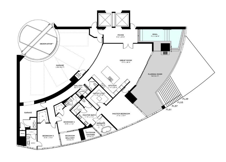 2D floor plan layout for the RESIDENCE AZURE - Floors 49 - 61 by Dezer Development in Bentley Residences, Sunny Isles Beach, FL (Image 1). 2D floor plan layout for the RESIDENCE AZURE - Floors 49 - 61 by Dezer Development in Bentley Residences, Sunny Isles Beach, FL (Image 1).