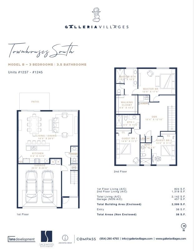 2D floor plan layout for the Townhouse South - Model B by Lana Development in Galleria Villages, Fort Lauderdale, FL (Image 1).