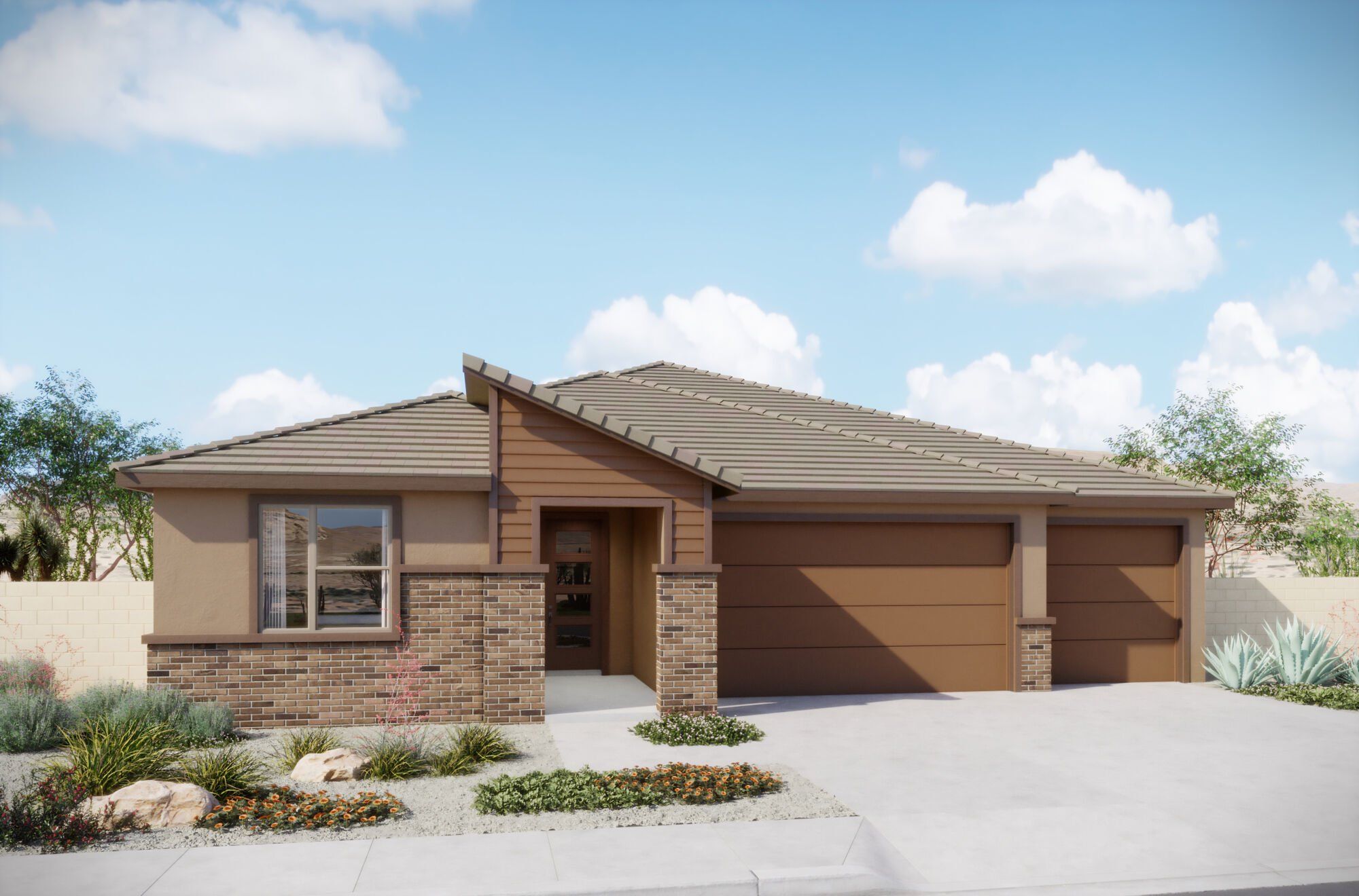 Front exterior of a new home in Tavira at Twin Peaks, Marana, AZ, highlighting curb appeal (Image 1). Front exterior of a new home in Tavira at Twin Peaks, Marana, AZ, highlighting curb appeal (Image 1).