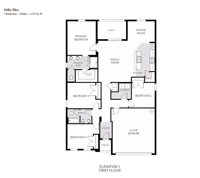 2D floor plan layout for the Selby Flex by Risewell Homes in Trinity Lakes, Groveland, FL (Image 1). 2D floor plan layout for the Selby Flex by Risewell Homes in Trinity Lakes, Groveland, FL (Image 1).